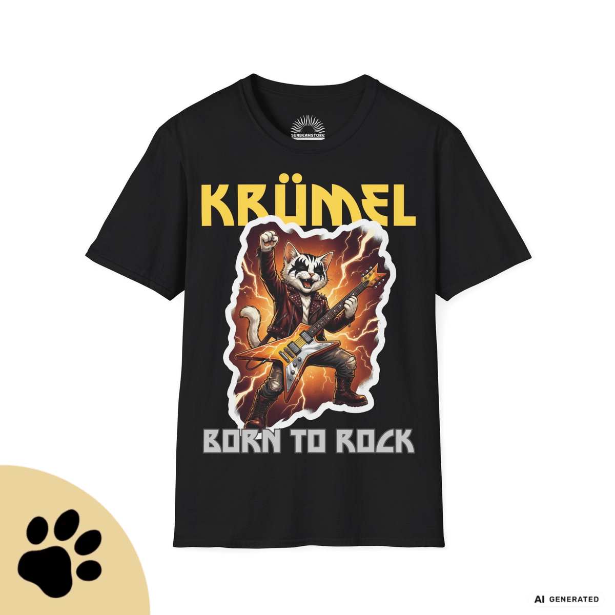 Personalisierbares Katzen Rocker T-Shirt mit Wunschname (bis 12 Zeichen) – Born to Rock – Gildan 64000 Unisex Shirt - Sunbeamstore
