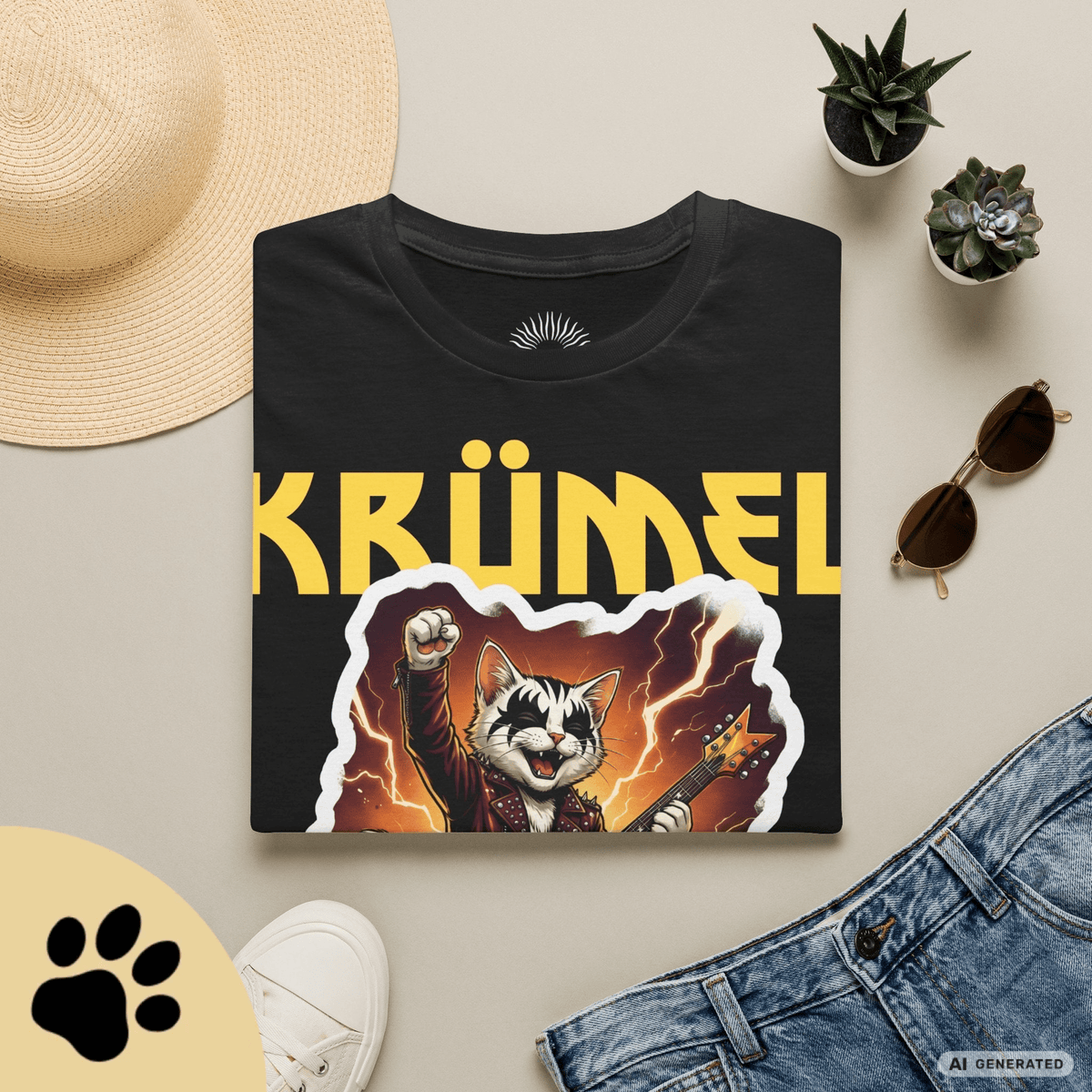Personalisierbares Katzen Rocker T-Shirt mit Wunschname (bis 12 Zeichen) – Born to Rock – Gildan 64000 Unisex Shirt - Sunbeamstore