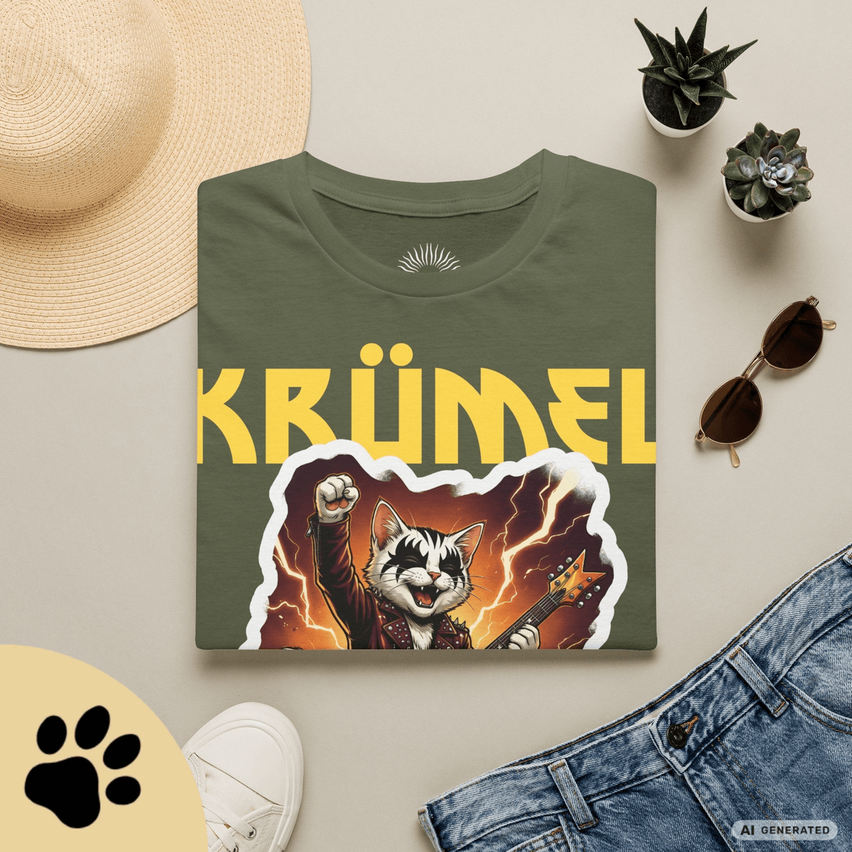 Personalisierbares Katzen Rocker T-Shirt mit Wunschname (bis 12 Zeichen) – Born to Rock – Gildan 64000 Unisex Shirt - Sunbeamstore