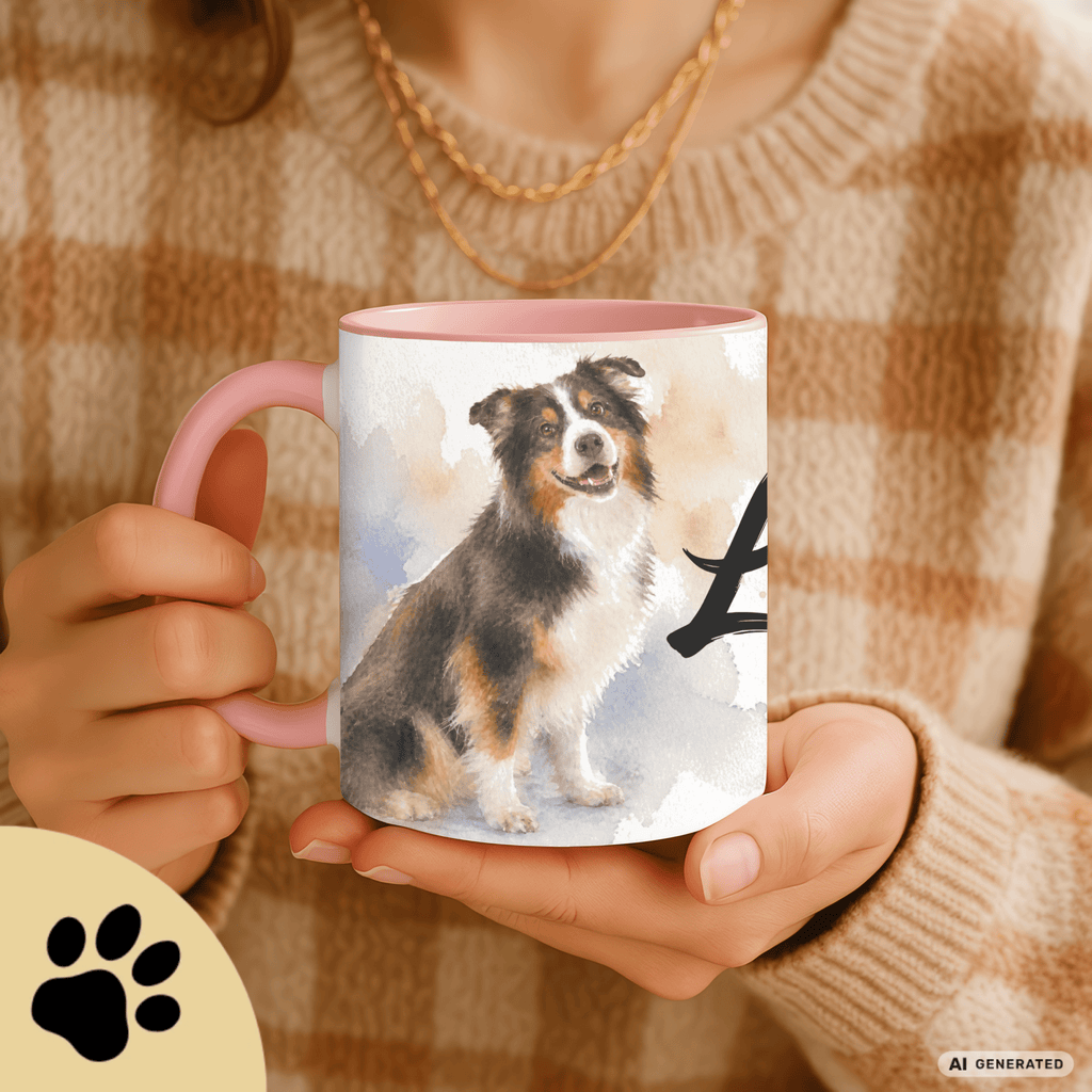 Personalisierte Australian Shepherd Tasse 11oz – Aquarell Hundemotiv mit Namen | Geschenk für Australian Shepherd Besitzer | Keramiktasse mit Farbwahl - Sunbeamstore