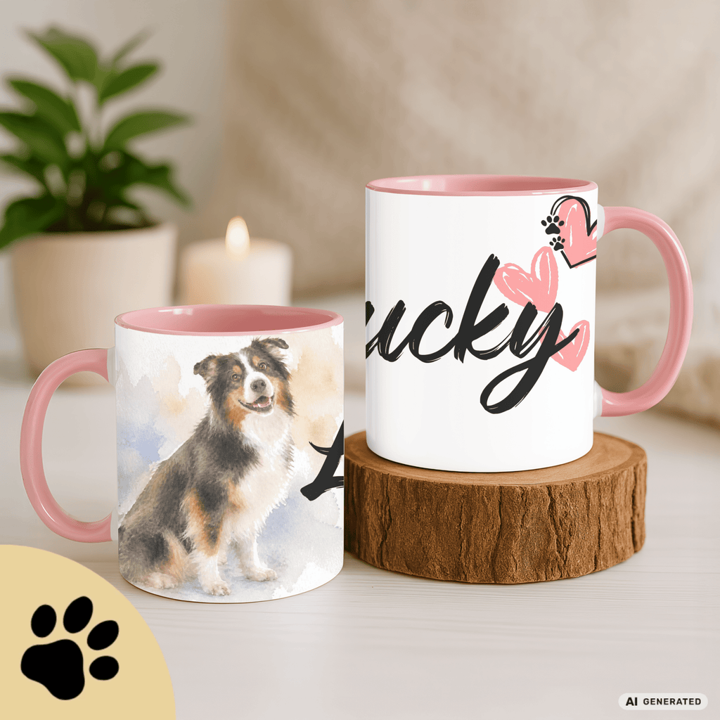 Personalisierte Australian Shepherd Tasse 11oz – Aquarell Hundemotiv mit Namen | Geschenk für Australian Shepherd Besitzer | Keramiktasse mit Farbwahl - Sunbeamstore