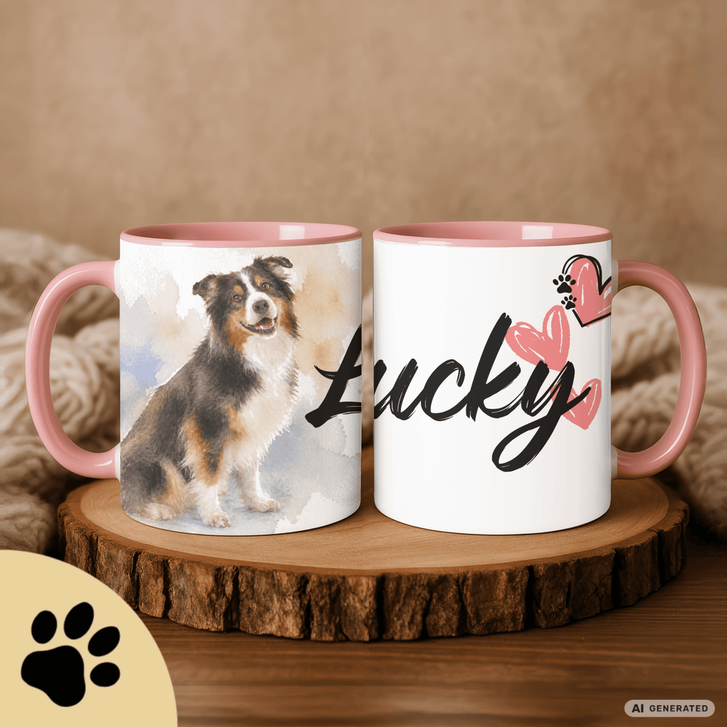 Personalisierte Australian Shepherd Tasse 11oz – Aquarell Hundemotiv mit Namen | Geschenk für Australian Shepherd Besitzer | Keramiktasse mit Farbwahl - Sunbeamstore