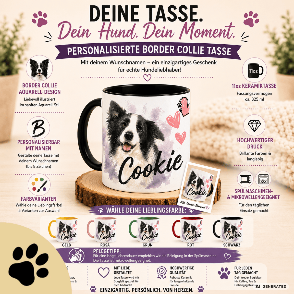 Personalisierte Border Collie Tasse 11oz – Aquarell Hundemotiv mit Namen | Geschenk für Border Collie Besitzer | Keramiktasse mit Farbwahl - Sunbeamstore