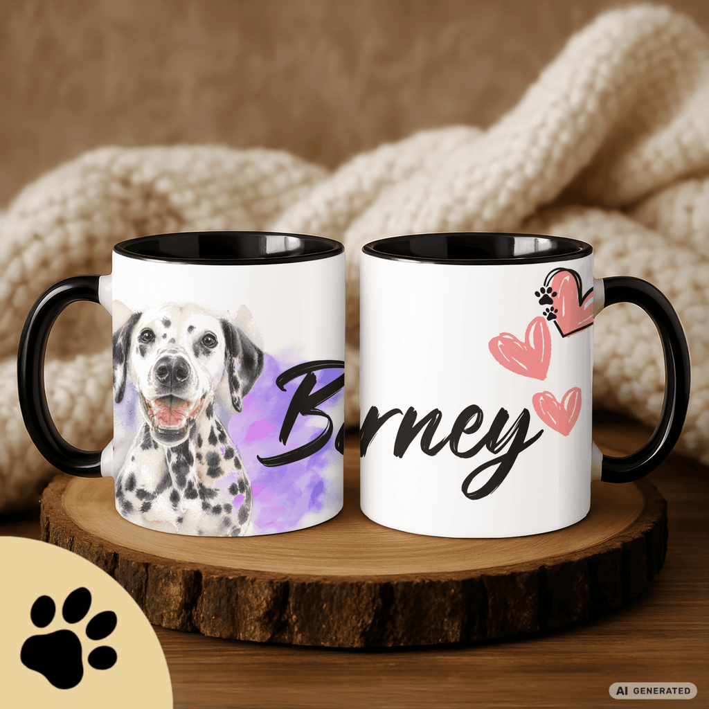 Personalisierte Dalmatiner Tasse 11oz – Aquarell Hundemotiv mit Namen | Geschenk für Dalmatiner Besitzer | Keramiktasse mit Farbwahl - Sunbeamstore