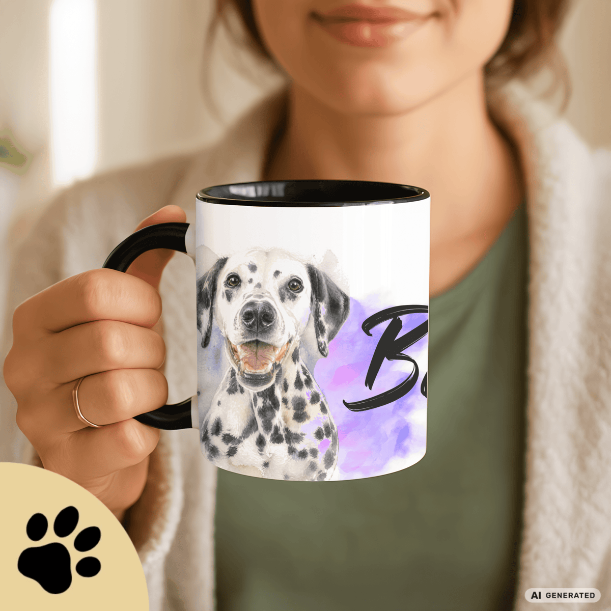 Personalisierte Dalmatiner Tasse 11oz – Aquarell Hundemotiv mit Namen | Geschenk für Dalmatiner Besitzer | Keramiktasse mit Farbwahl - Sunbeamstore