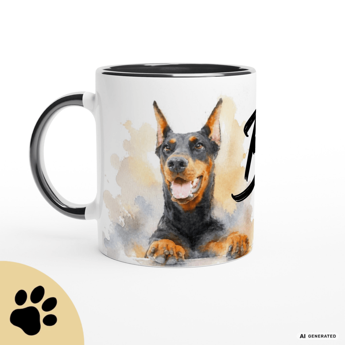 Personalisierte Dobermann Tasse 11oz – Aquarell Hundemotiv mit Namen | Geschenk für Dobermann Besitzer | Keramiktasse mit Farbwahl - Sunbeamstore