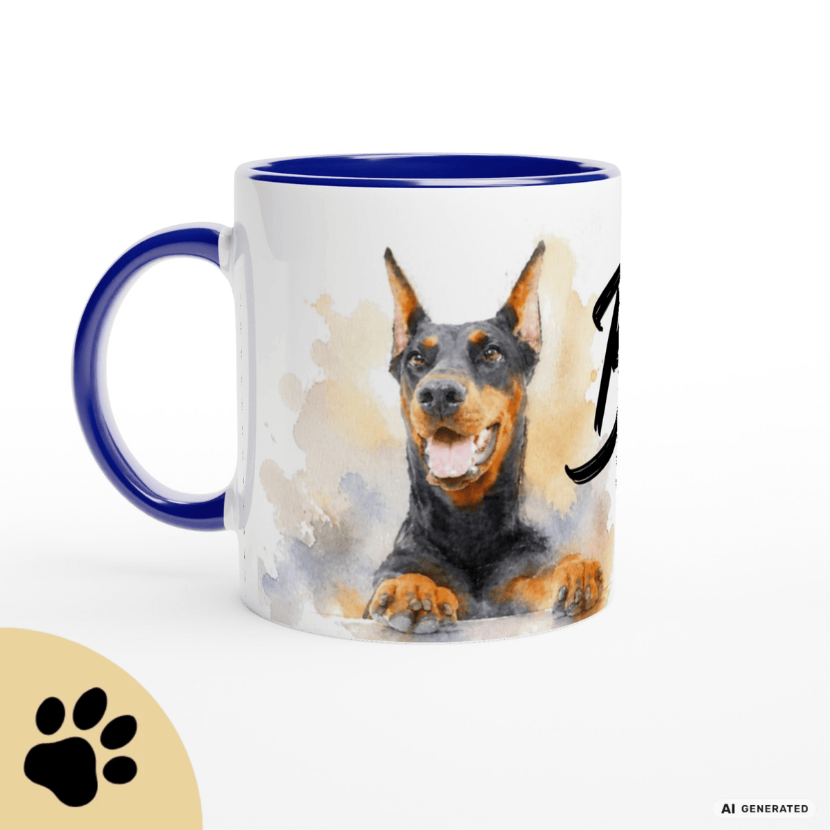 Personalisierte Dobermann Tasse 11oz – Aquarell Hundemotiv mit Namen | Geschenk für Dobermann Besitzer | Keramiktasse mit Farbwahl - Sunbeamstore