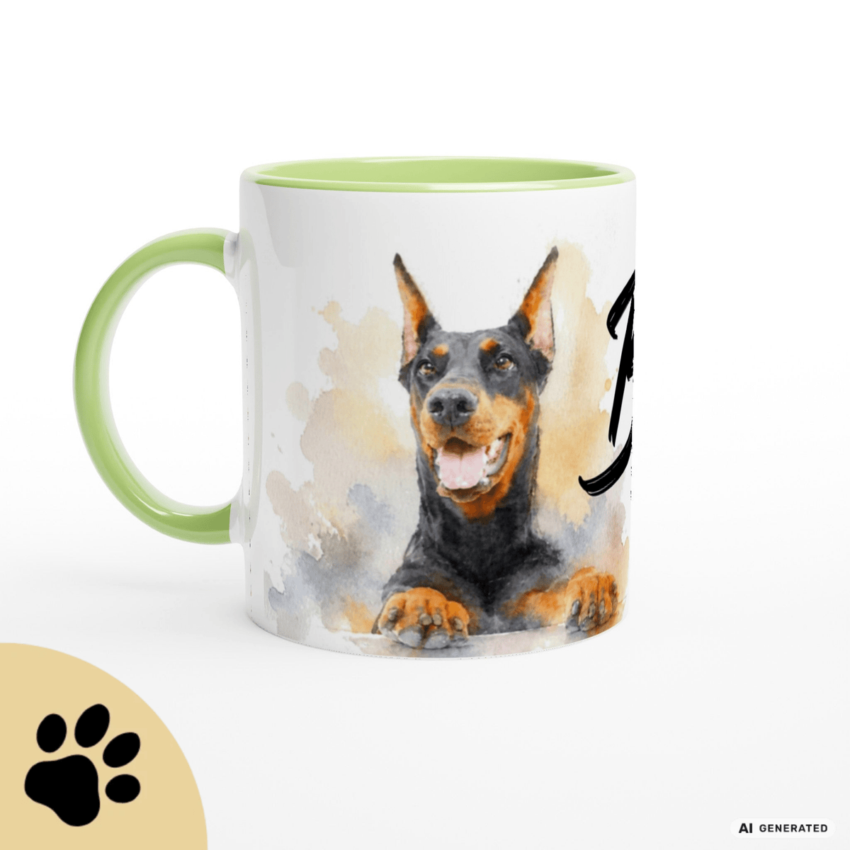 Personalisierte Dobermann Tasse 11oz – Aquarell Hundemotiv mit Namen | Geschenk für Dobermann Besitzer | Keramiktasse mit Farbwahl - Sunbeamstore