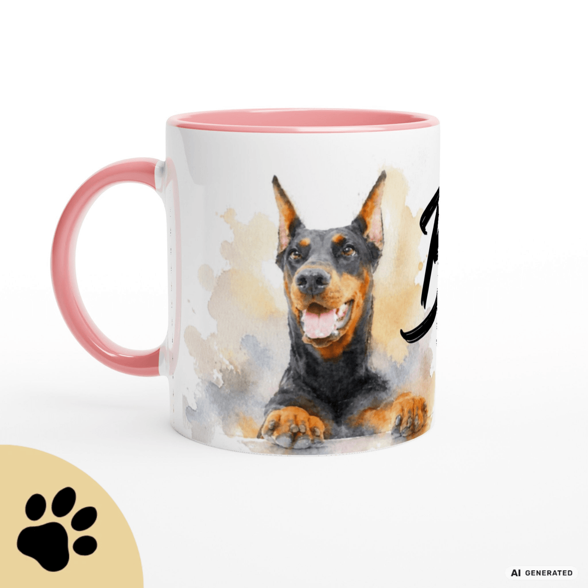 Personalisierte Dobermann Tasse 11oz – Aquarell Hundemotiv mit Namen | Geschenk für Dobermann Besitzer | Keramiktasse mit Farbwahl - Sunbeamstore