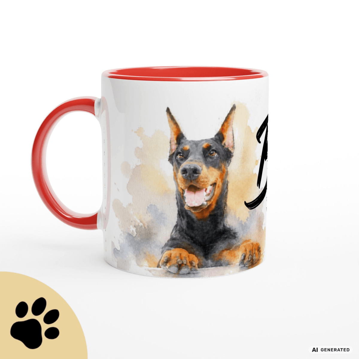 Personalisierte Dobermann Tasse 11oz – Aquarell Hundemotiv mit Namen | Geschenk für Dobermann Besitzer | Keramiktasse mit Farbwahl - Sunbeamstore