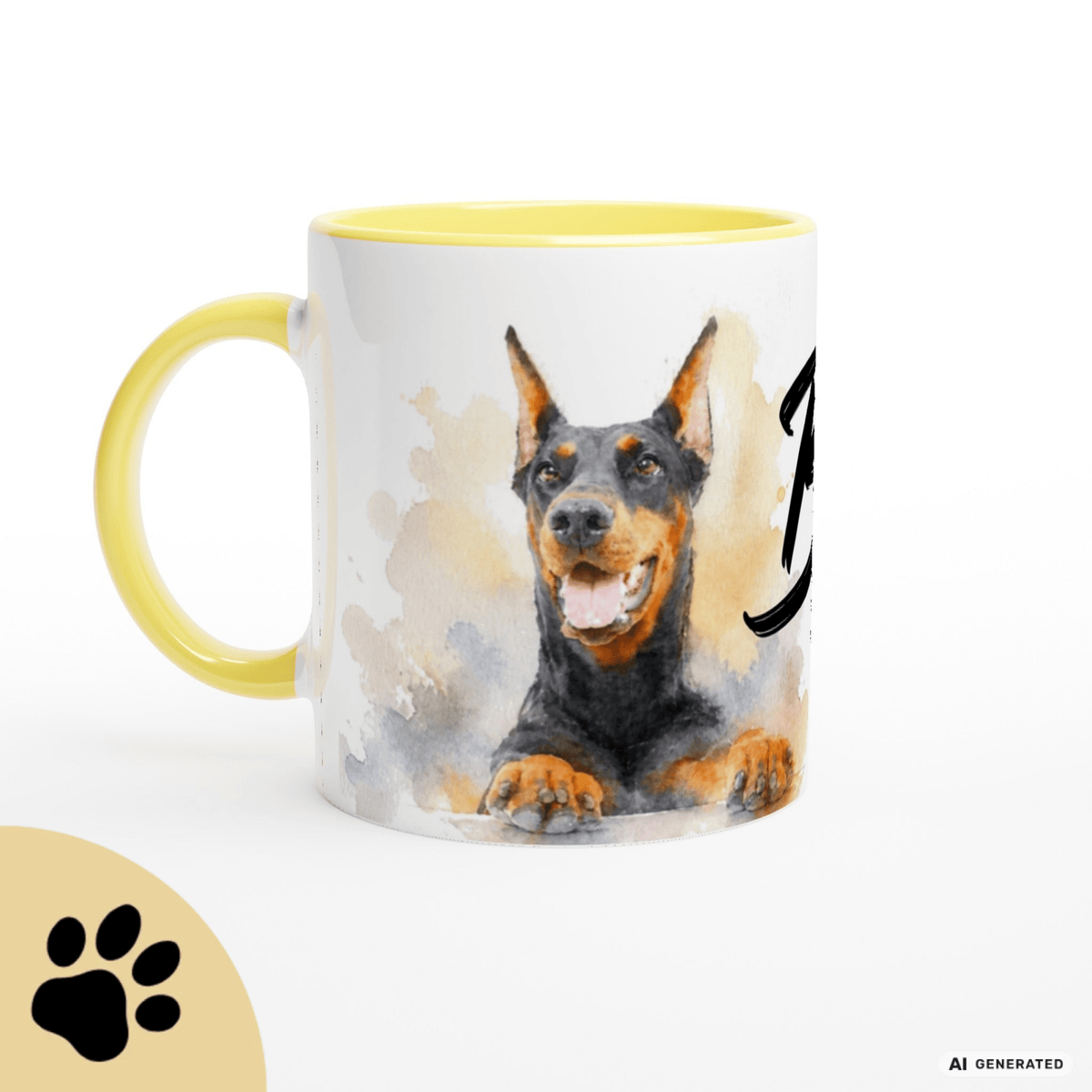 Personalisierte Dobermann Tasse 11oz – Aquarell Hundemotiv mit Namen | Geschenk für Dobermann Besitzer | Keramiktasse mit Farbwahl - Sunbeamstore