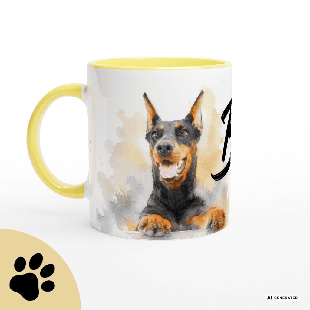Personalisierte Dobermann Tasse 11oz – Aquarell Hundemotiv mit Namen | Geschenk für Dobermann Besitzer | Keramiktasse mit Farbwahl - Sunbeamstore