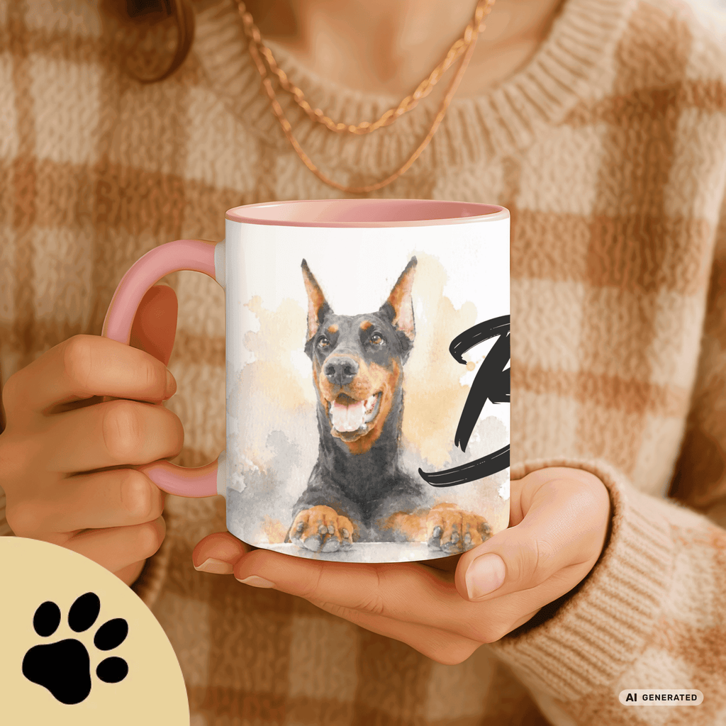 Personalisierte Dobermann Tasse 11oz – Aquarell Hundemotiv mit Namen | Geschenk für Dobermann Besitzer | Keramiktasse mit Farbwahl - Sunbeamstore