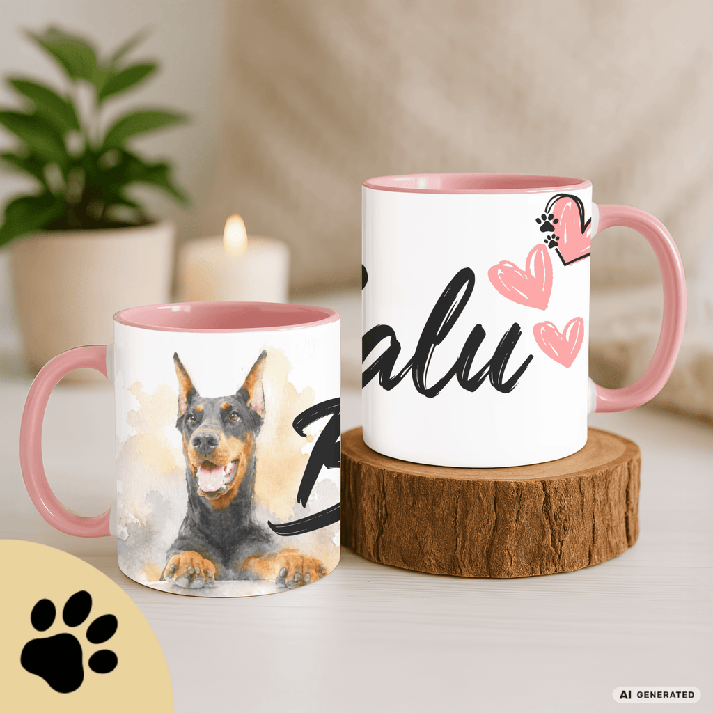 Personalisierte Dobermann Tasse 11oz – Aquarell Hundemotiv mit Namen | Geschenk für Dobermann Besitzer | Keramiktasse mit Farbwahl - Sunbeamstore