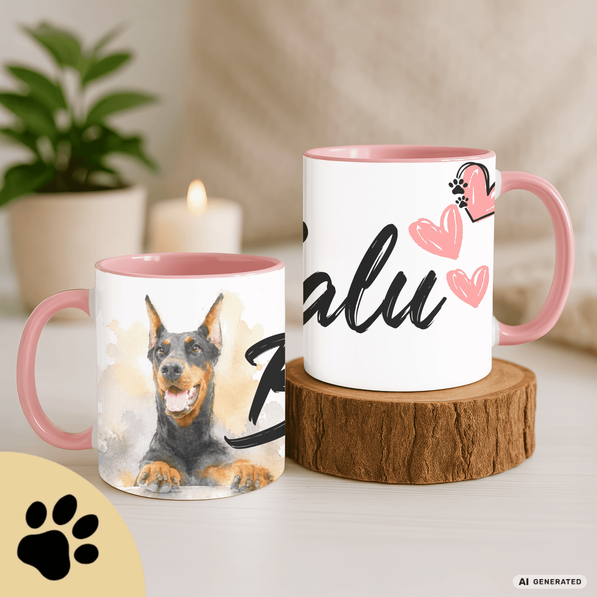 Personalisierte Dobermann Tasse 11oz – Aquarell Hundemotiv mit Namen | Geschenk für Dobermann Besitzer | Keramiktasse mit Farbwahl - Sunbeamstore