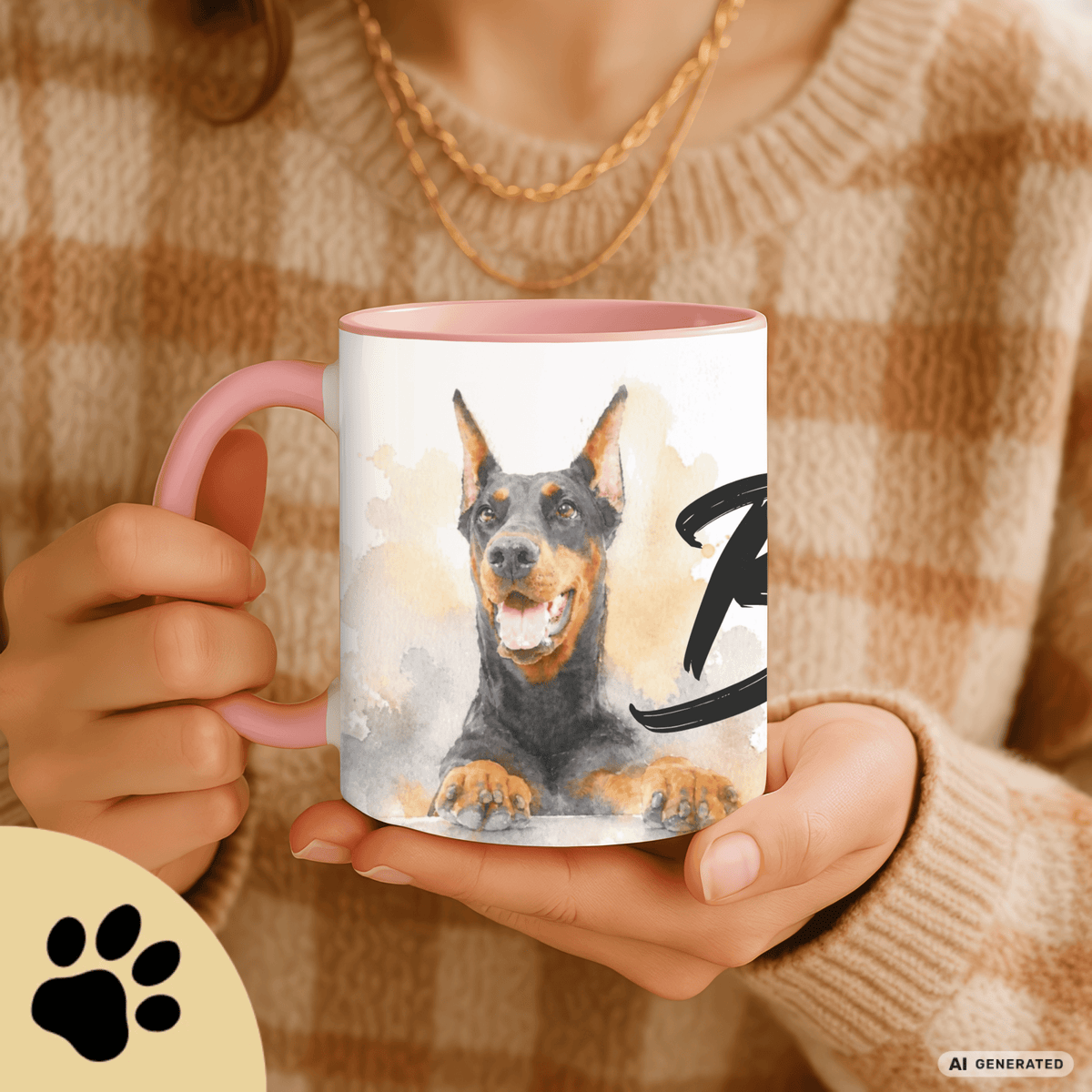 Personalisierte Dobermann Tasse 11oz – Aquarell Hundemotiv mit Namen | Geschenk für Dobermann Besitzer | Keramiktasse mit Farbwahl - Sunbeamstore
