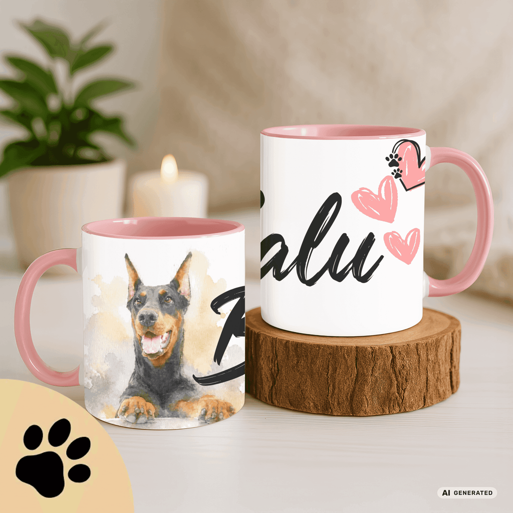 Personalisierte Dobermann Tasse 11oz – Aquarell Hundemotiv mit Namen | Geschenk für Dobermann Besitzer | Keramiktasse mit Farbwahl - Sunbeamstore