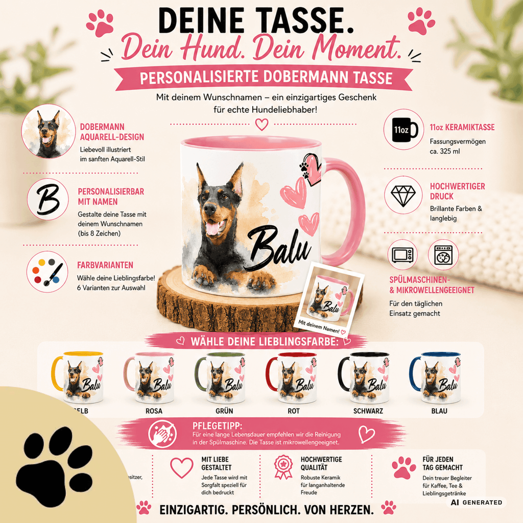 Personalisierte Dobermann Tasse 11oz – Aquarell Hundemotiv mit Namen | Geschenk für Dobermann Besitzer | Keramiktasse mit Farbwahl - Sunbeamstore