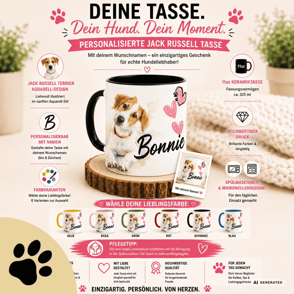 Personalisierte Jack Russell Terrier Tasse 11oz – Aquarell Hundemotiv mit Namen | Geschenk für Jack Russell Terrier Besitzer | Keramiktasse mit Farbwahl - Sunbeamstore