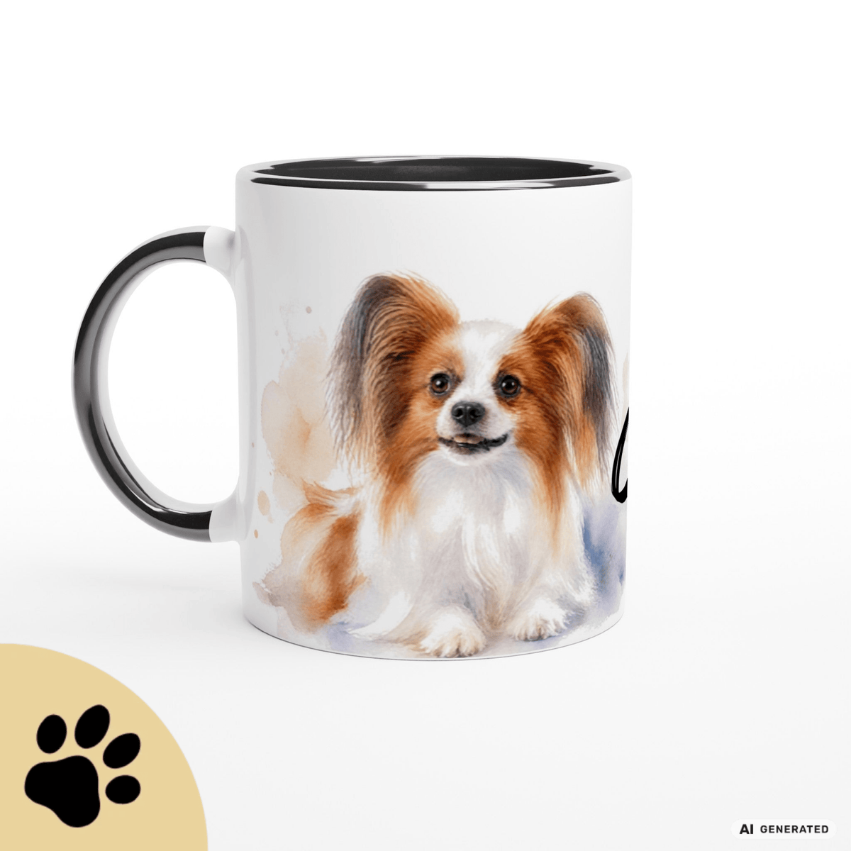Personalisierte Papillon Tasse 11oz – Aquarell Hundemotiv mit Namen | Geschenk für Papillon Besitzer | Keramiktasse mit Farbwahl - Sunbeamstore