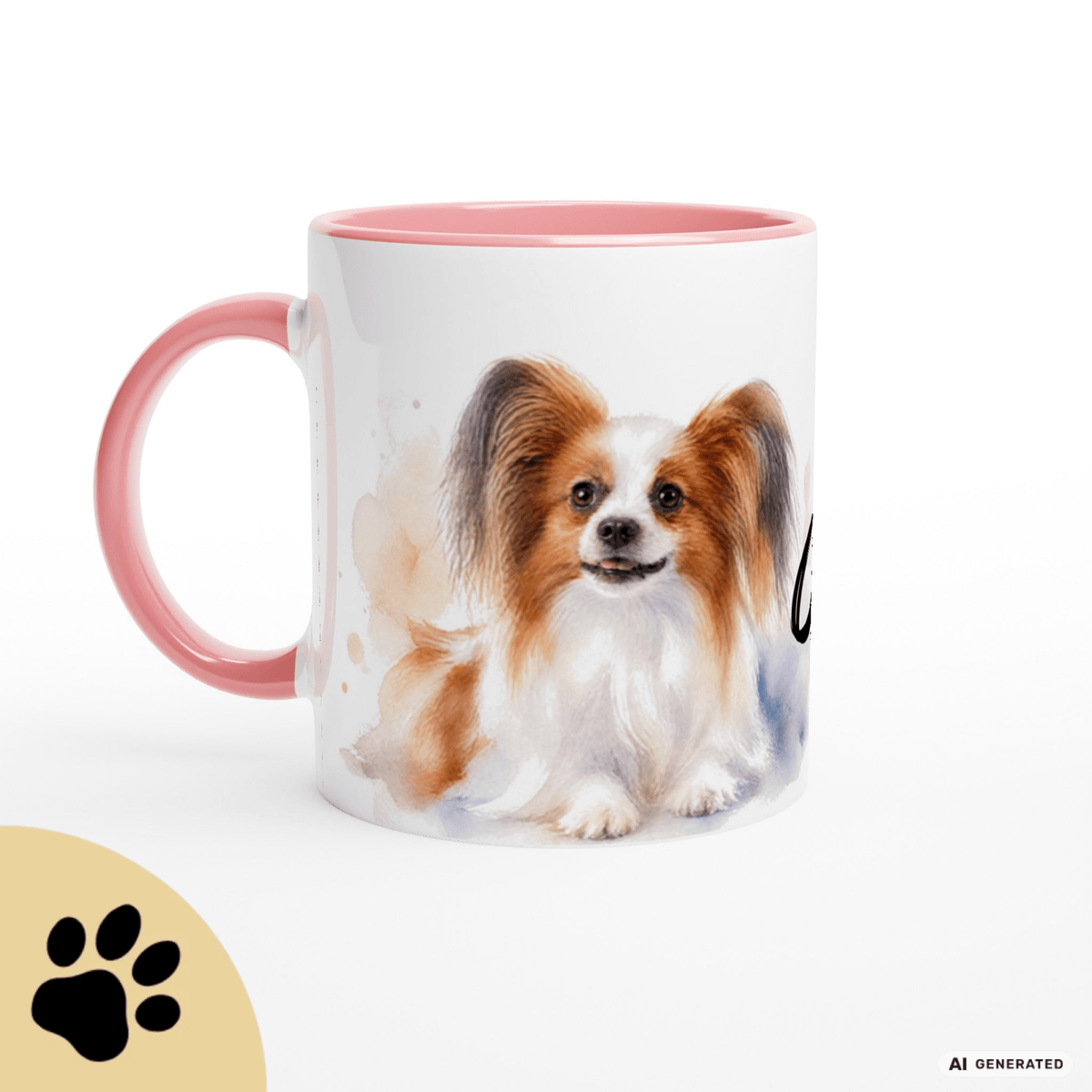 Personalisierte Papillon Tasse 11oz – Aquarell Hundemotiv mit Namen | Geschenk für Papillon Besitzer | Keramiktasse mit Farbwahl - Sunbeamstore