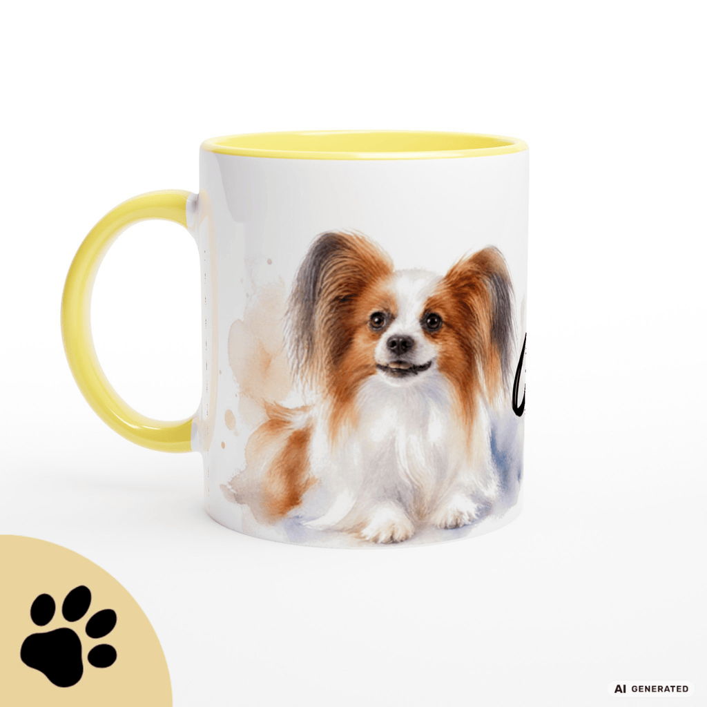 Personalisierte Papillon Tasse 11oz – Aquarell Hundemotiv mit Namen | Geschenk für Papillon Besitzer | Keramiktasse mit Farbwahl - Sunbeamstore
