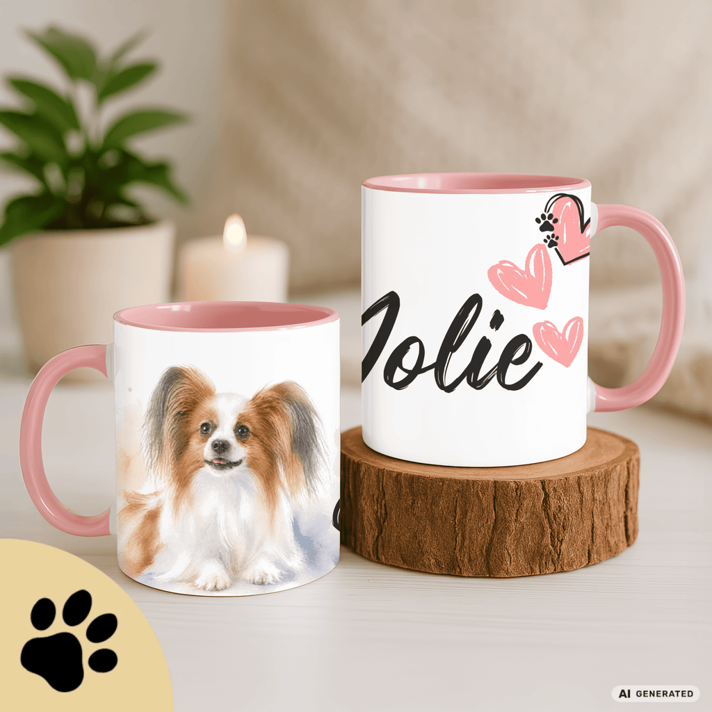 Personalisierte Papillon Tasse 11oz – Aquarell Hundemotiv mit Namen | Geschenk für Papillon Besitzer | Keramiktasse mit Farbwahl - Sunbeamstore
