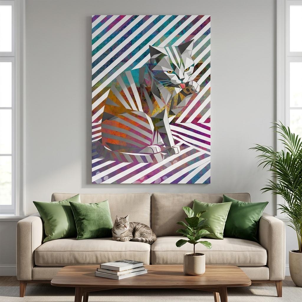 Origami Cat – Moderne Katzenkunst auf Leinwand 70 x 100 cm | Geometrische Pop Art Wanddeko für Katzenliebhaber I Canvas 70x100 cm / 28x40″