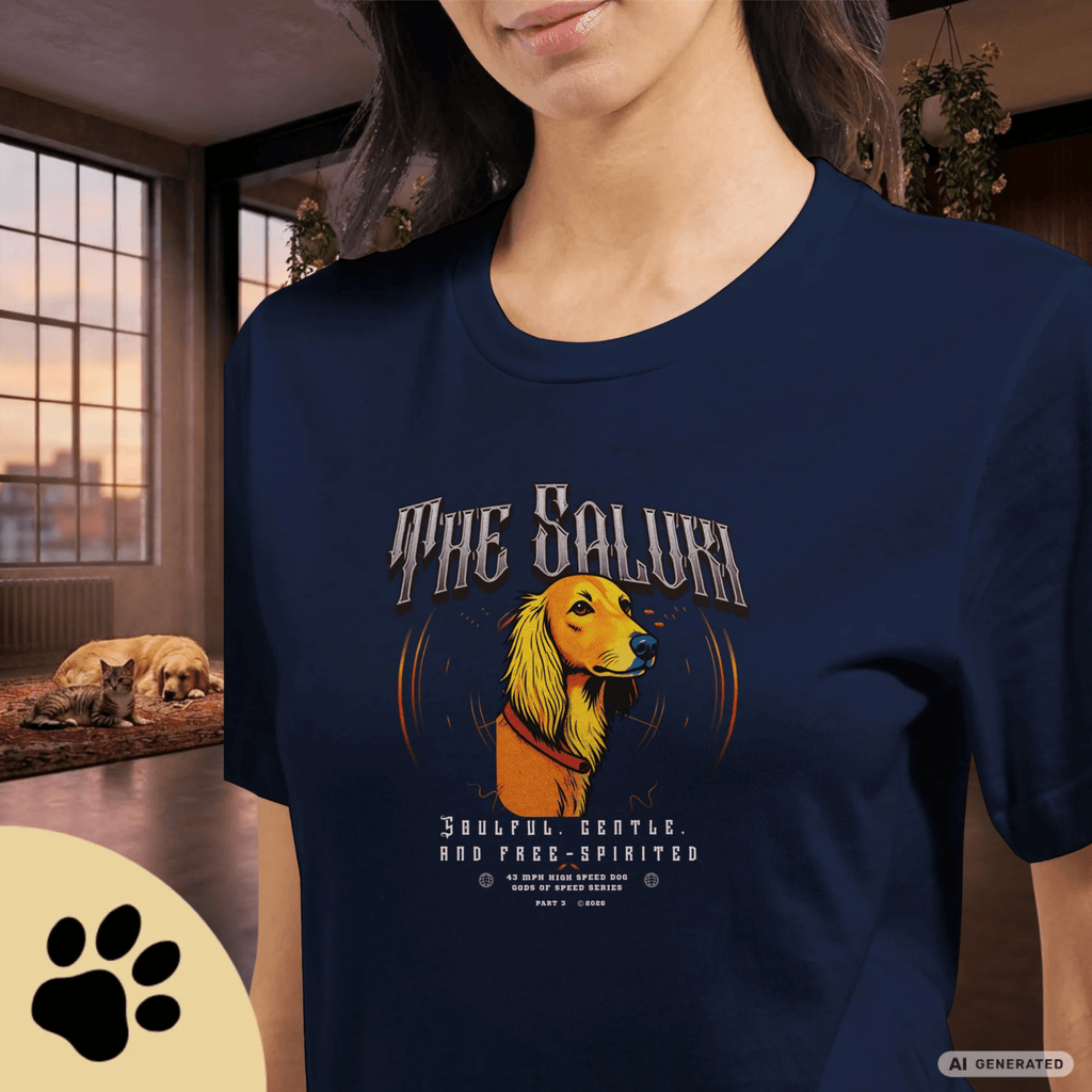 Saluki T-Shirt – The Saluki, Gods of Speed Serie Part 3, Windhund Shirt, Geschenk für Saluki Liebhaber, Soulful Gentle Free-Spirited Premium Unisex Crewneck T-shirt | Bella + Canvas 3001 - Sunbeamstore