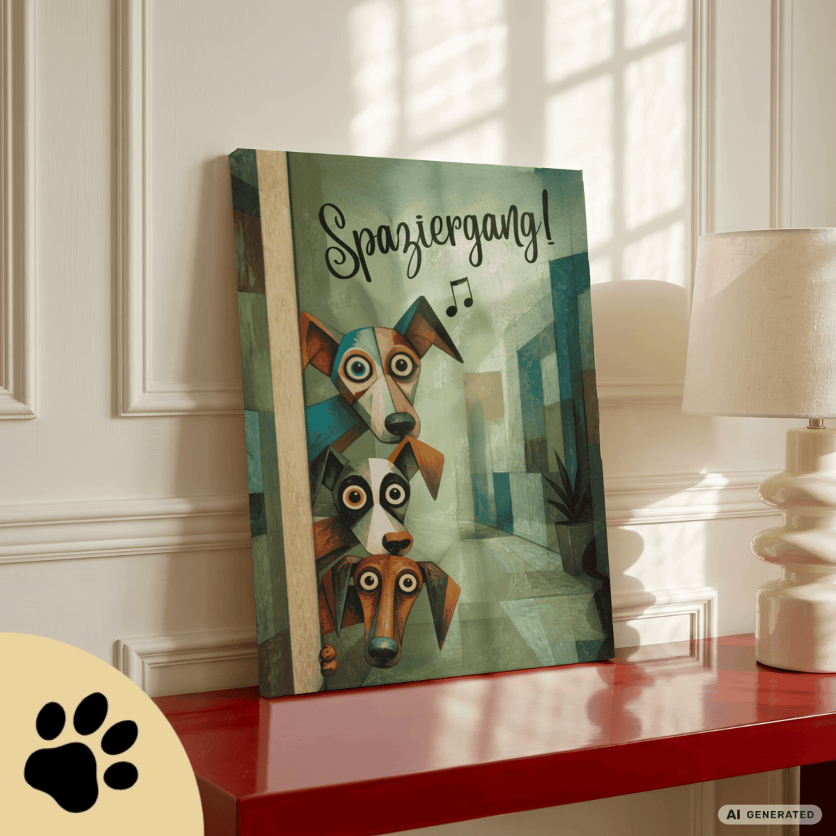 Spaziergang! – Kubistisches Hunde-Kunstwerk auf Leinwand | 50 × 75 cm | 4 cm Gallery Wrap - Sunbeamstore