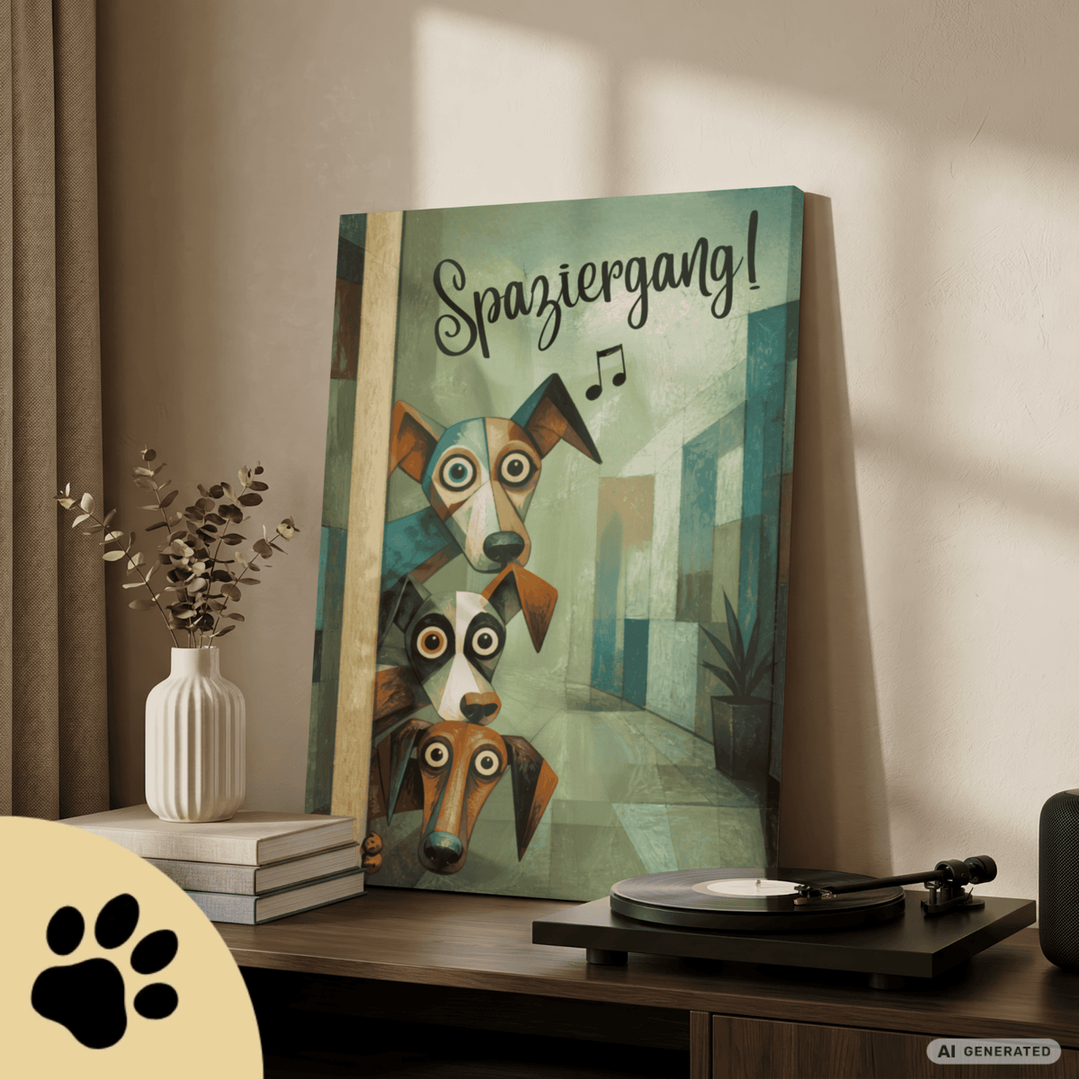 Spaziergang! – Kubistisches Hunde-Kunstwerk auf Leinwand | 50 × 75 cm | 4 cm Gallery Wrap - Sunbeamstore