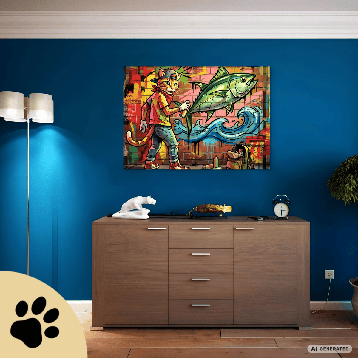 Spray Cat – Moderne Graffiti Cat Art auf Leinwand I Canvas 70x100 cm / 28x40″ - Sunbeamstore