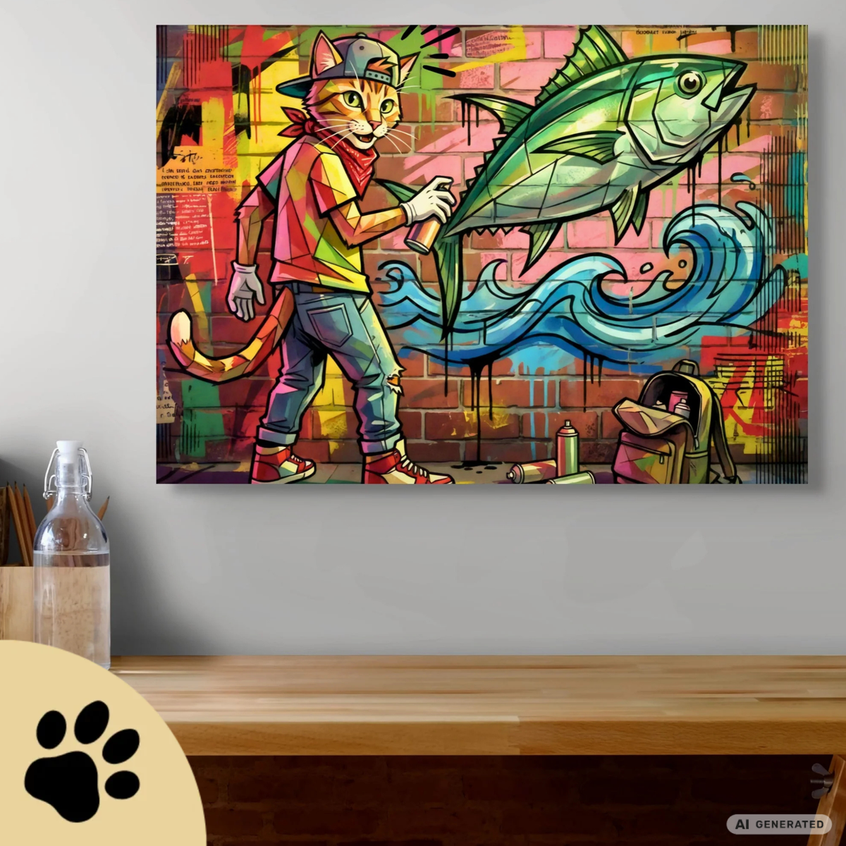 Spray Cat – Moderne Graffiti Cat Art auf Leinwand I Canvas 70x100 cm / 28x40″ - Sunbeamstore