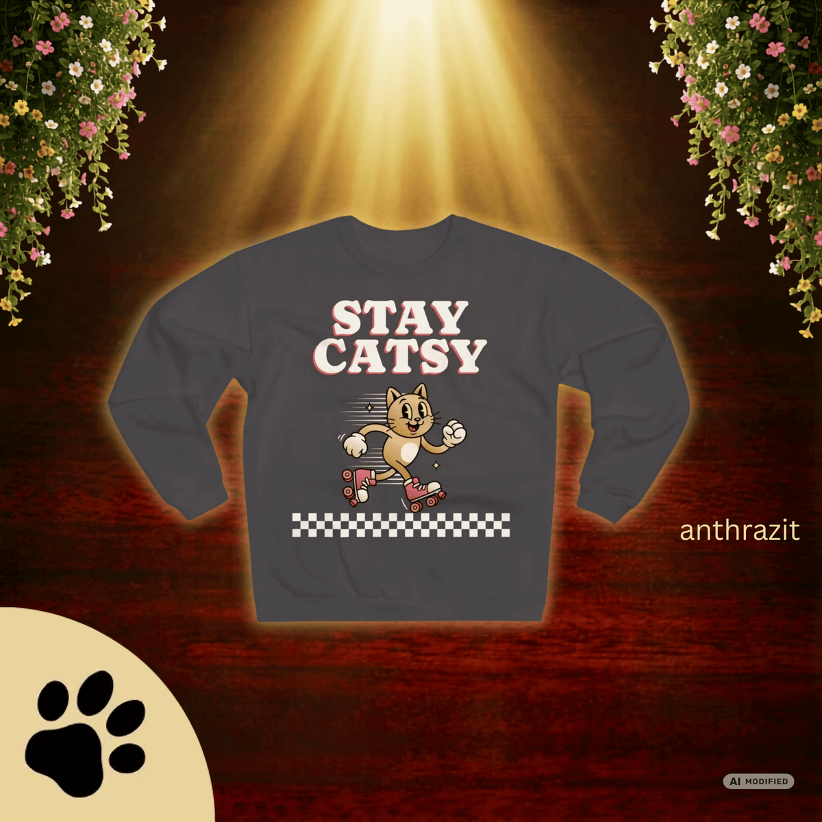 STAY CATSY Retro Sweatshirt – Rollerskating Cat Crewneck mit Checkerboard-Design - Sunbeamstore