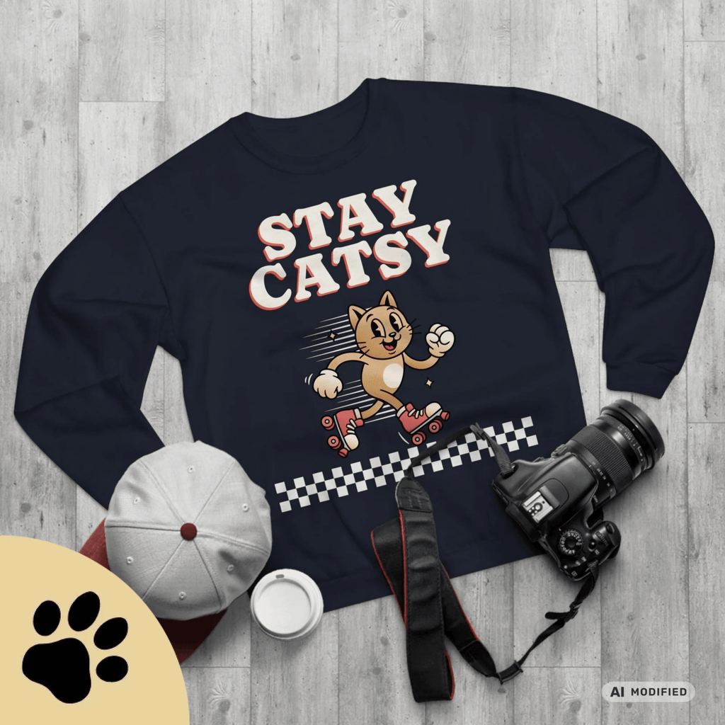 STAY CATSY Retro Sweatshirt – Rollerskating Cat Crewneck mit Checkerboard-Design - Sunbeamstore