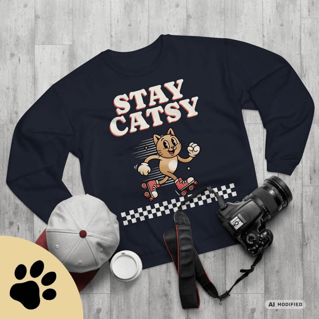 STAY CATSY Retro Sweatshirt – Rollerskating Cat Crewneck mit Checkerboard-Design - Sunbeamstore