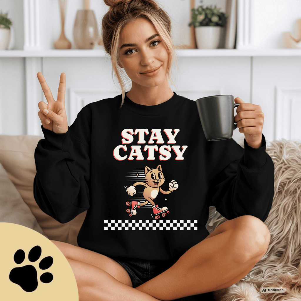 STAY CATSY Retro Sweatshirt – Rollerskating Cat Crewneck mit Checkerboard-Design - Sunbeamstore