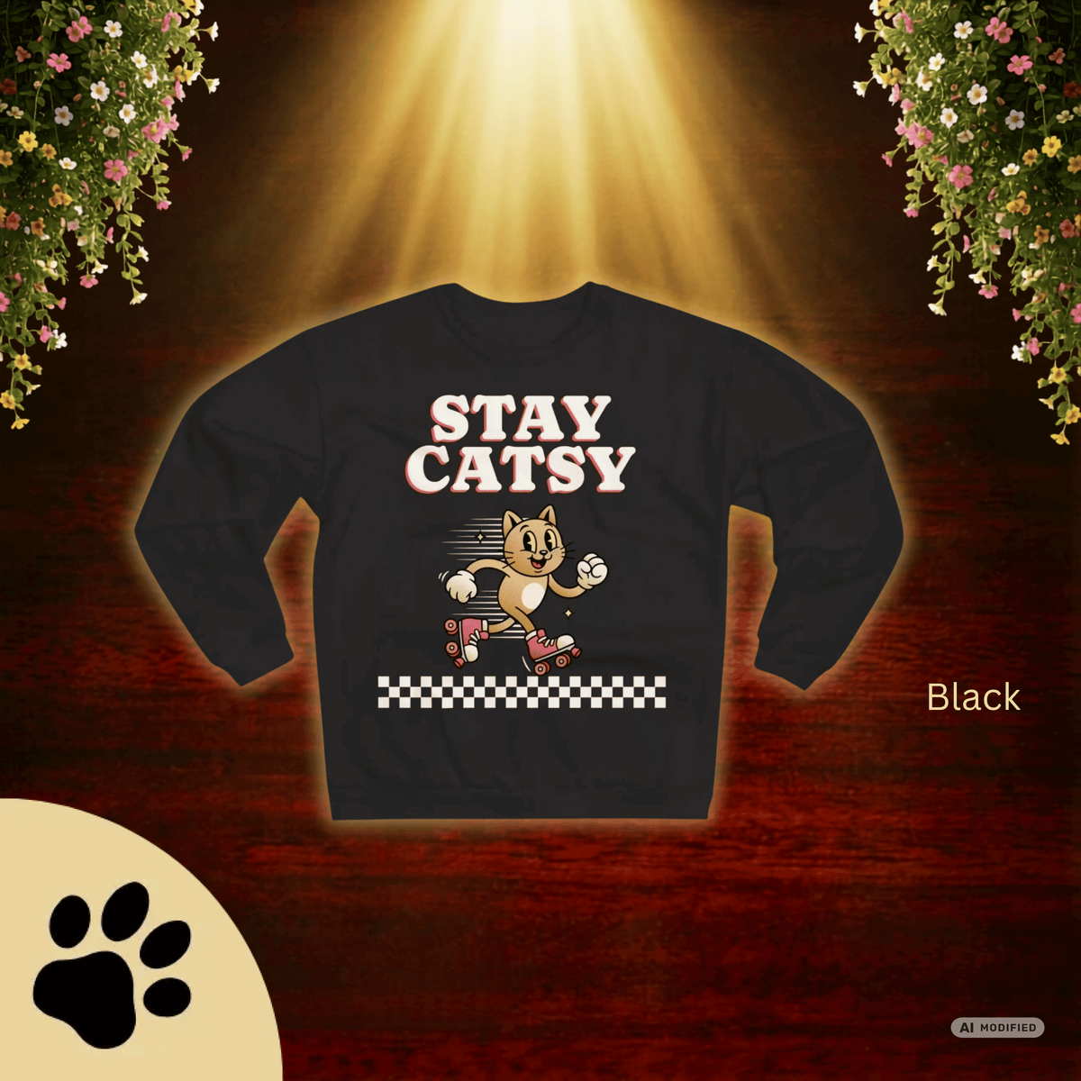 STAY CATSY Retro Sweatshirt – Rollerskating Cat Crewneck mit Checkerboard-Design - Sunbeamstore