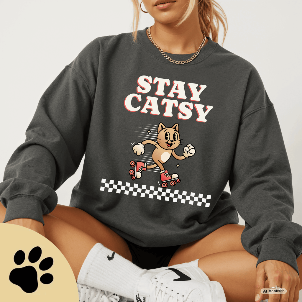 STAY CATSY Retro Sweatshirt – Rollerskating Cat Crewneck mit Checkerboard-Design - Sunbeamstore