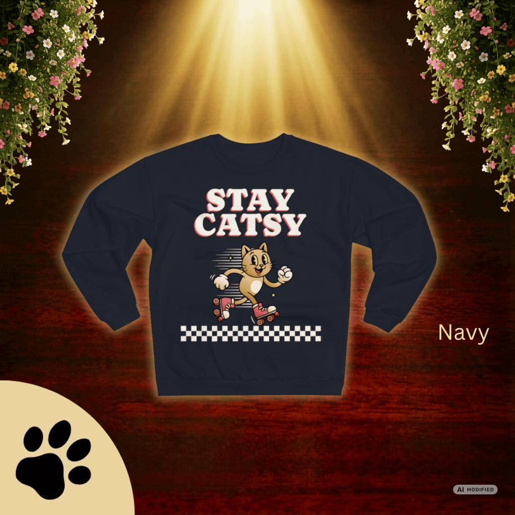STAY CATSY Retro Sweatshirt – Rollerskating Cat Crewneck mit Checkerboard-Design - Sunbeamstore