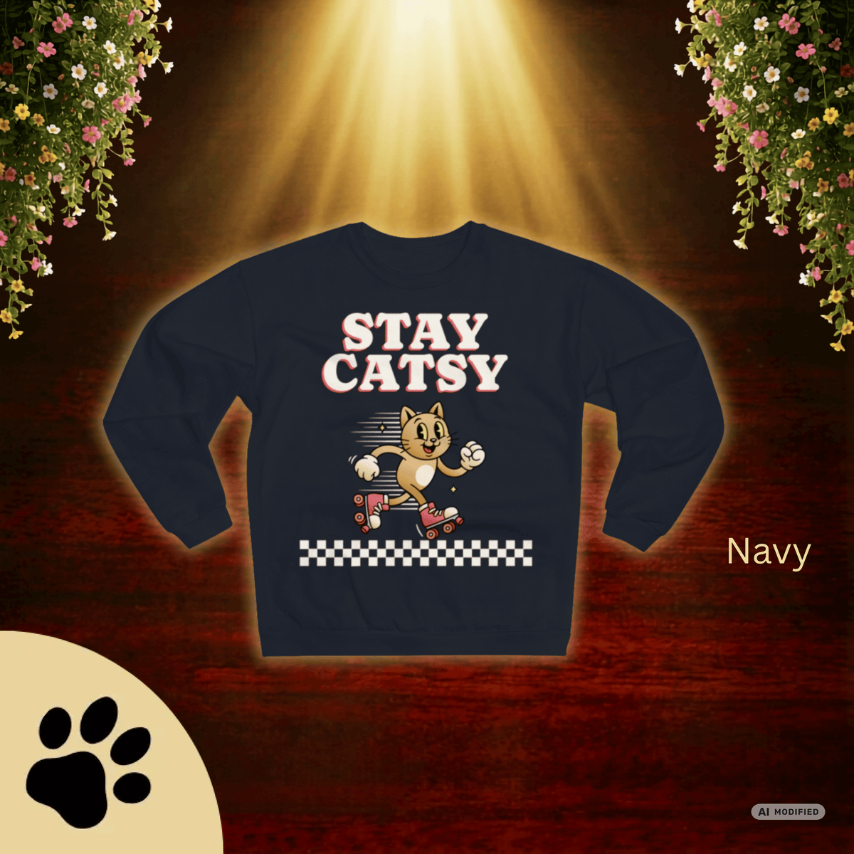 STAY CATSY Retro Sweatshirt – Rollerskating Cat Crewneck mit Checkerboard-Design - Sunbeamstore