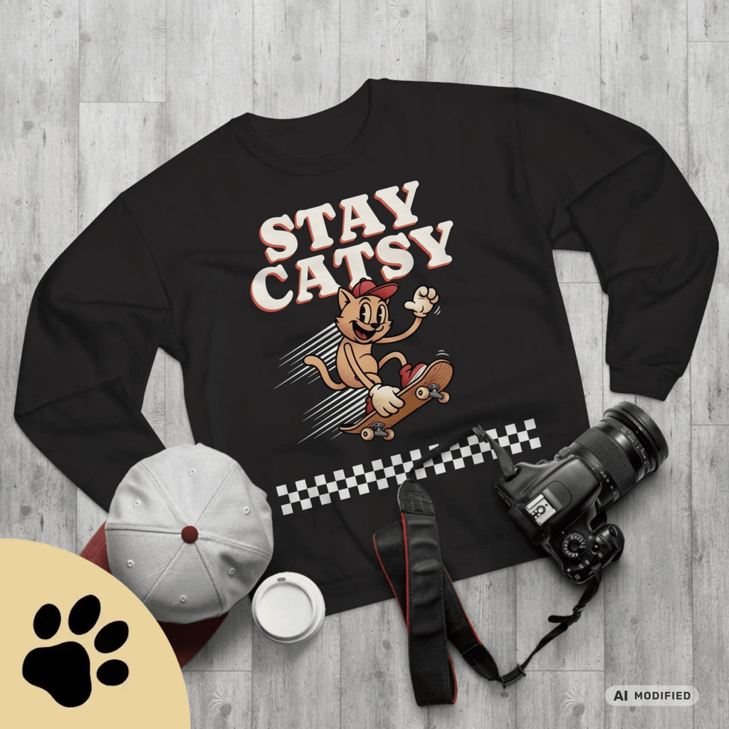 STAY CATSY Retro Sweatshirt – Skater-Katze auf Skateboard mit Checkerboard - Sunbeamstore