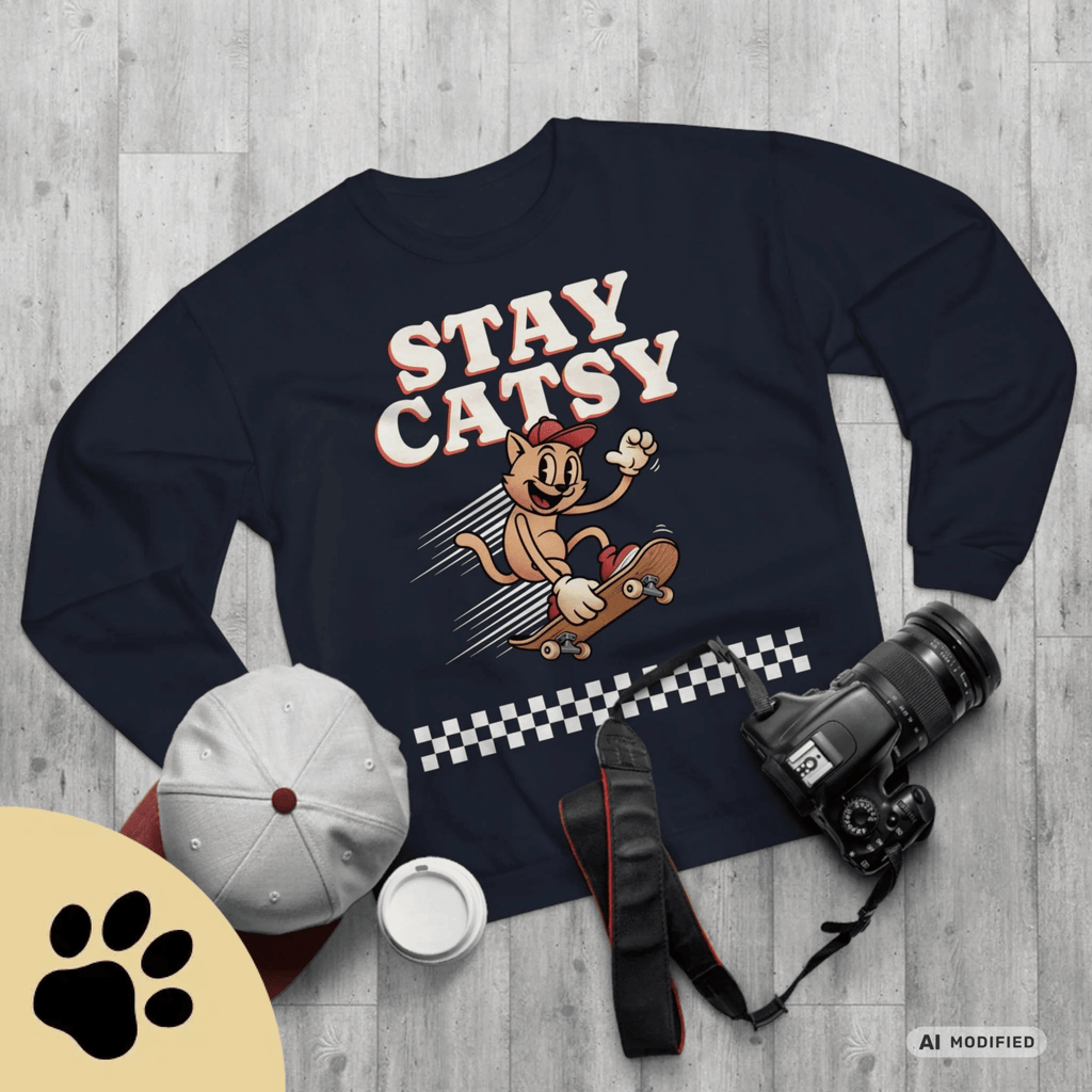 STAY CATSY Retro Sweatshirt – Skater-Katze auf Skateboard mit Checkerboard - Sunbeamstore