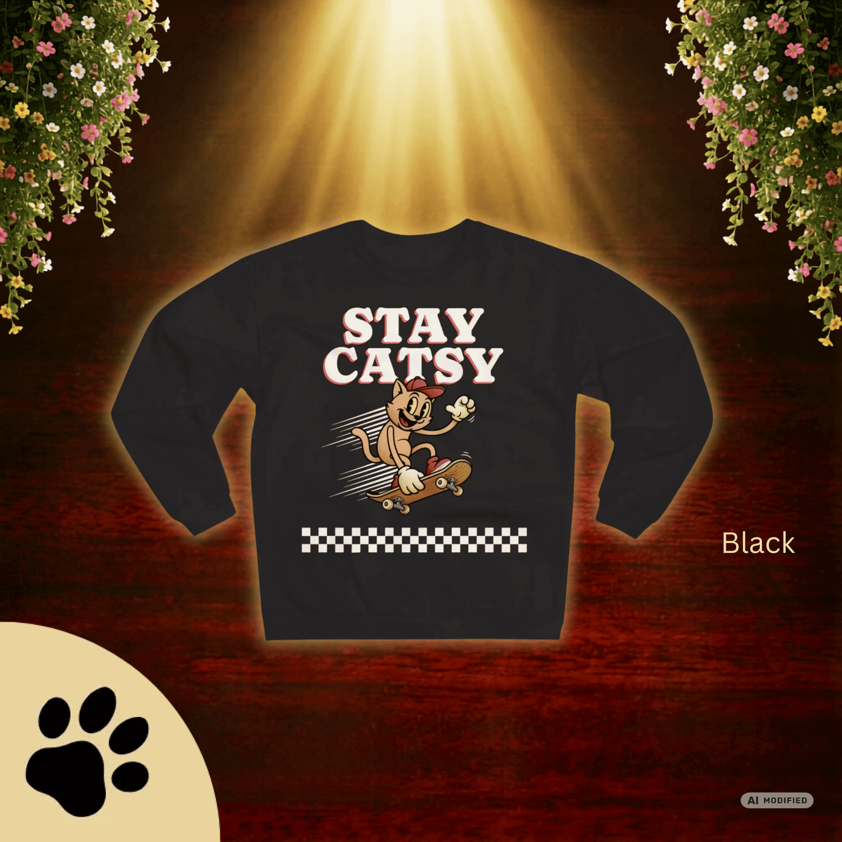 STAY CATSY Retro Sweatshirt – Skater-Katze auf Skateboard mit Checkerboard - Sunbeamstore