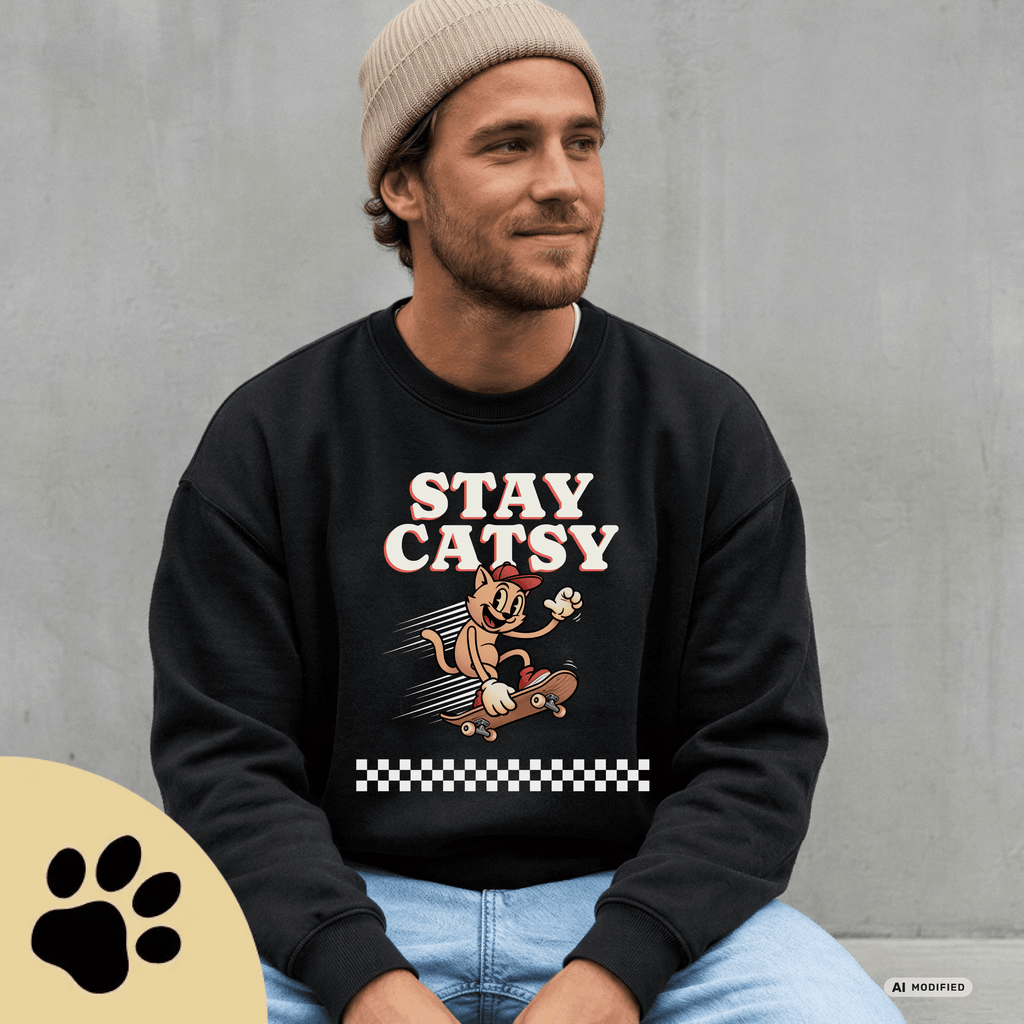 STAY CATSY Retro Sweatshirt – Skater-Katze auf Skateboard mit Checkerboard - Sunbeamstore