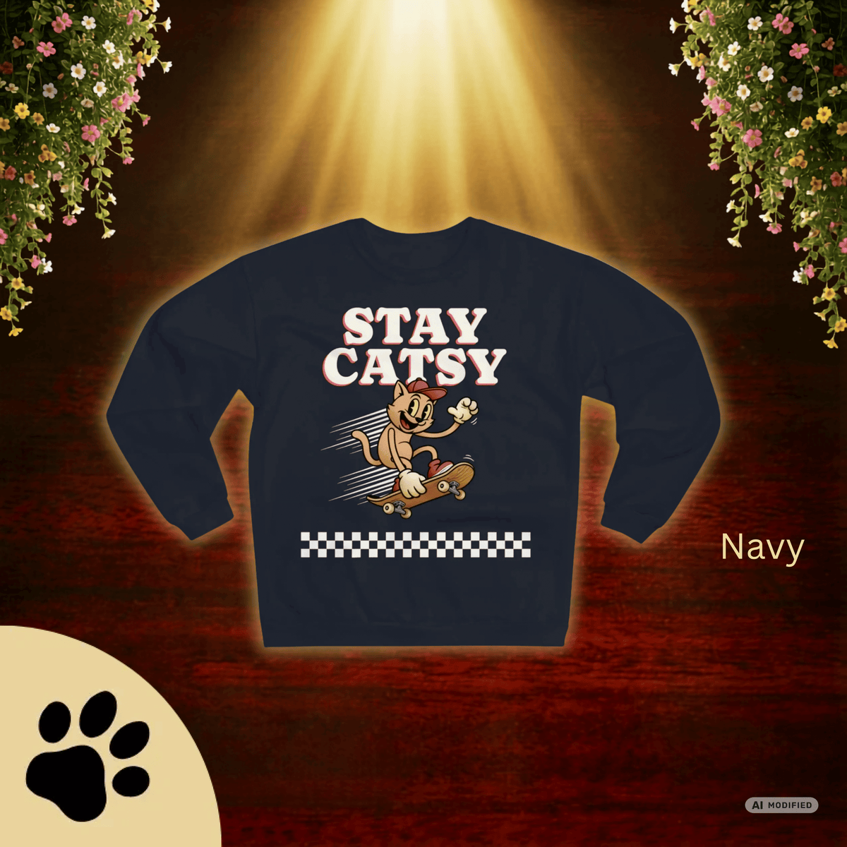 STAY CATSY Retro Sweatshirt – Skater-Katze auf Skateboard mit Checkerboard - Sunbeamstore