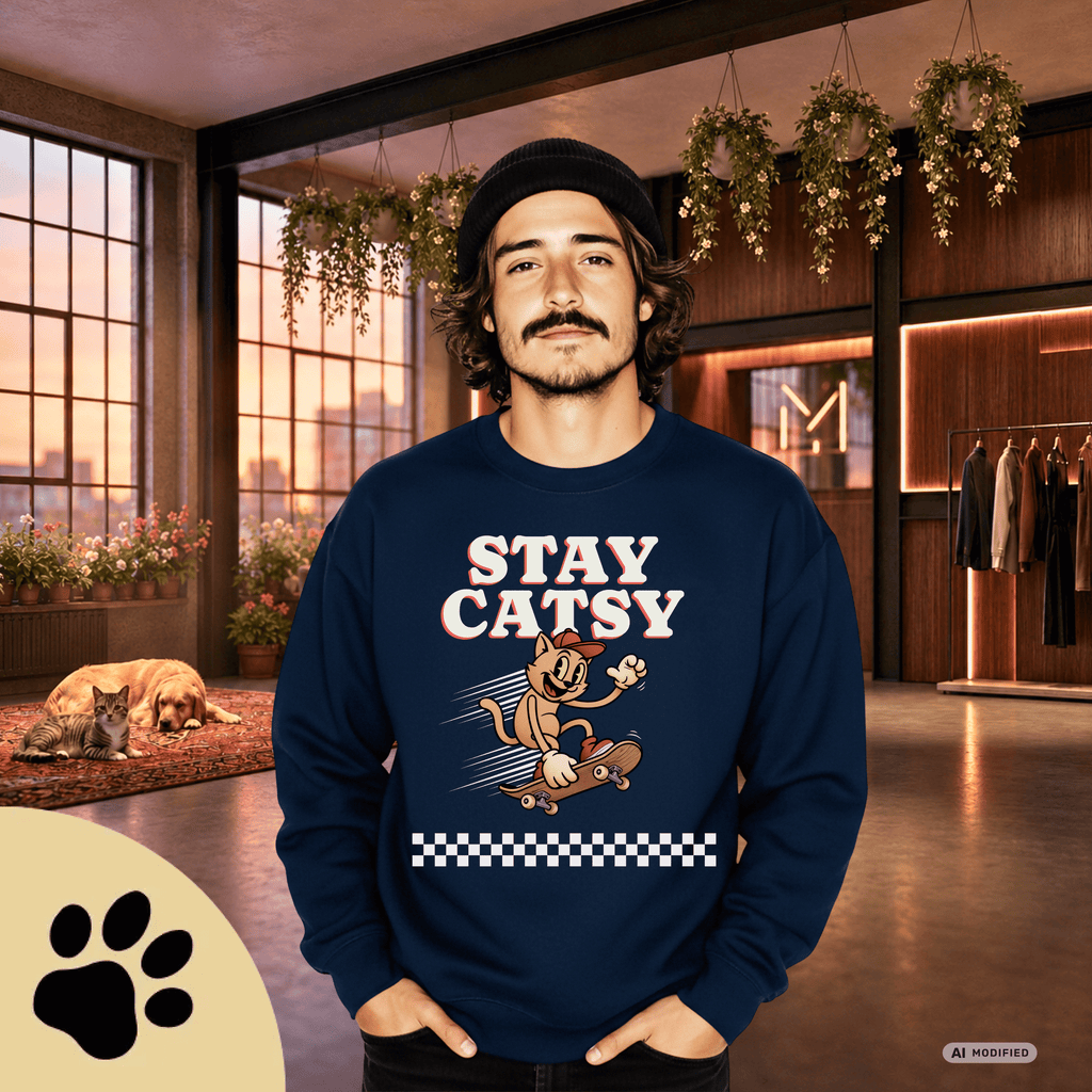 STAY CATSY Retro Sweatshirt – Skater-Katze auf Skateboard mit Checkerboard - Sunbeamstore