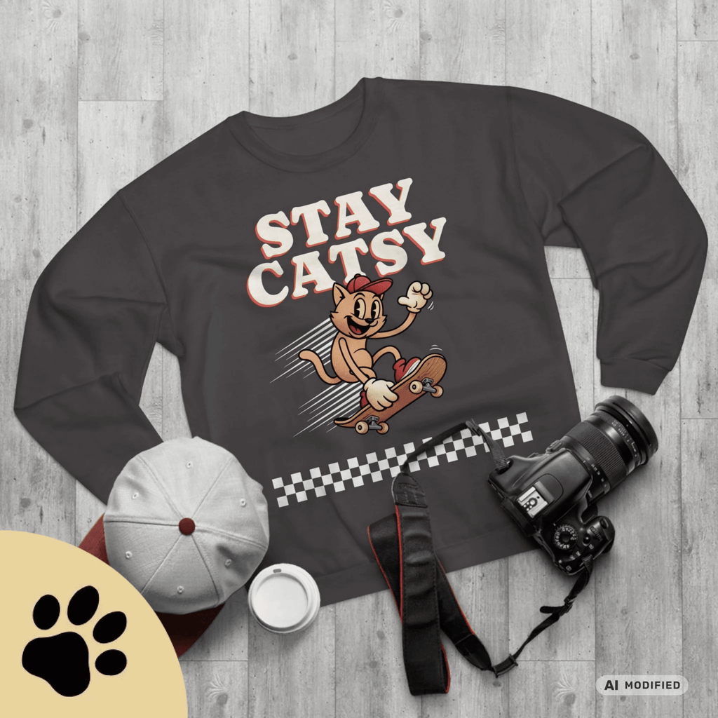STAY CATSY Retro Sweatshirt – Skater-Katze auf Skateboard mit Checkerboard - Sunbeamstore