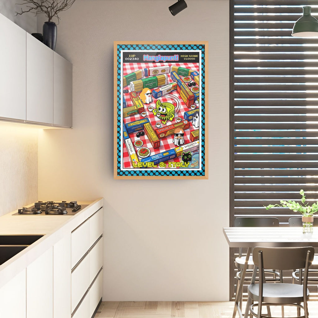 Catfishing in Italy – Italienische Pop Art | Lustige Pasta Wandkunst | Retro Comic Küchenbild | The Pasta Series No. 1| Premium Semi-Glossy Paper Wooden Framed Poster DIN A1-A4