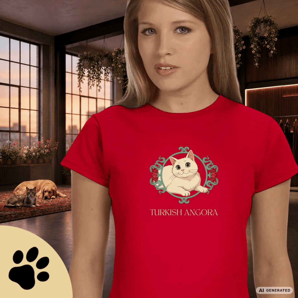 Türkisch Angora Katzen Shirt – Elegantes Katzen Design mit floralem Rahmen | Geschenk für Katzenliebhaber - Sunbeamstore